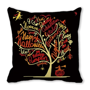 Detail view of Halloween pillowcase with gold tree pattern and festive word cloud