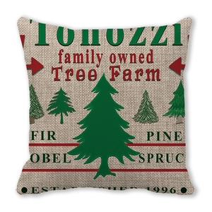 Detail of vintage Christmas tree farm print on peach skin velvet cushion cover