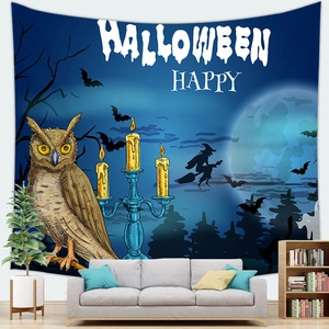 Spooky Halloween wall tapestry with owls and witches displayed over a living room sofa