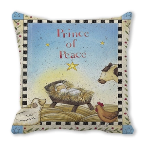 Detail of Prince of Peace Christmas pillowcase with Nativity scene and checkered border