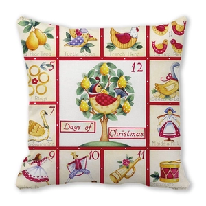 Detailed view of Christmas pillow cover featuring 12 Days of Christmas folk art print