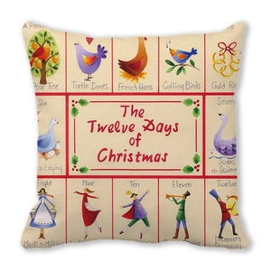 Close-up of peach skin fabric cushion cover with Twelve Days of Christmas lyrics
