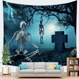 Halloween tapestry with giant skeleton and graveyard scene for wall decoration