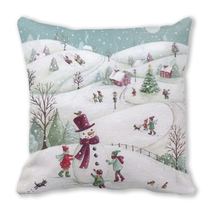 Detailed close-up of winter snow scene print on peach skin velvet cushion cover