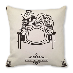 Detail of Christmas pillowcase showing Santa in a vintage car on peach skin fabric