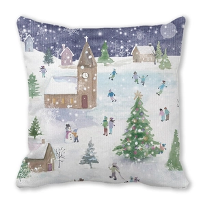 Detail of Christmas pillowcase with watercolor winter village scene on soft peach skin fabric