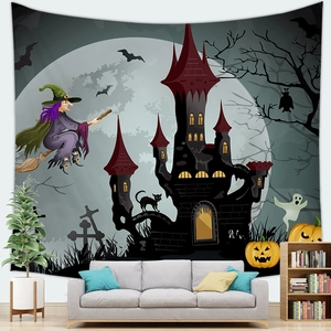 Detailed close-up of Halloween tapestry with gothic castle, witches and glowing pumpkins