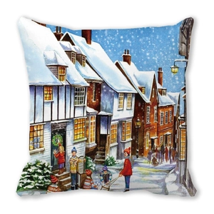 Detail of Christmas pillowcase with winter snow scene illustration on soft peach skin fabric