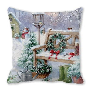 Detailed watercolor Christmas garden illustration on peach skin fabric square pillowcase