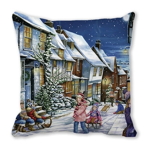 Detailed macro texture of European winter snow scene print on peach skin pillowcase