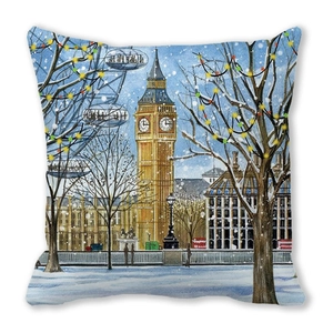 Detail view of London winter street scene watercolor print on square cushion cover