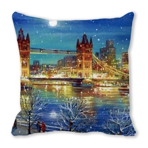Detail of winter London Tower Bridge oil painting print on velvet square pillowcase