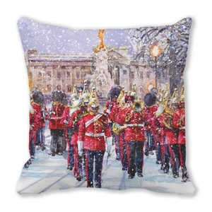 Detailed watercolor print of British royal guards in snow on a square cushion cover