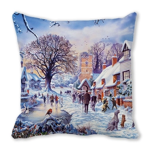 Winter snow village christmas pillow cover with church and ice skating scenery print