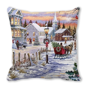 Detail of Christmas winter village print on square peach skin fabric pillowcase