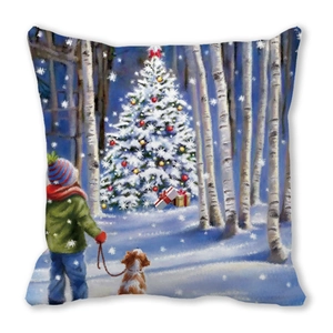 Detail of Christmas pillow cover showing a boy and dog by a snowy tree in oil painting style