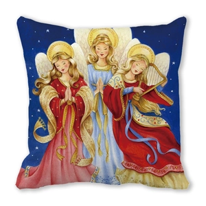Detail of artistic angel portrait print on square peach skin fabric cushion cover