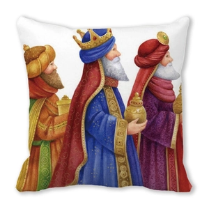 Exotic Three Wise Men portrait pillow cover in peach skin fabric with vibrant watercolor art