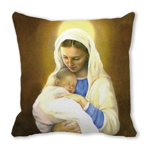 Exotic portrait pillowcase featuring Virgin Mary and Jesus Christ on peach skin fabric