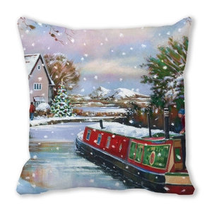 Detail of winter landscape oil painting on square peach skin fabric pillowcase