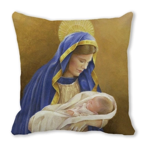 Detailed close-up of religious oil painting print on peach skin velvet cushion cover