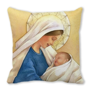 Detail showing the watercolor Madonna and Child print on a soft square pillowcase