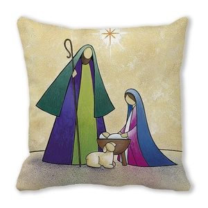 Close-up of peach skin fabric texture with nativity scene print on square pillowcase