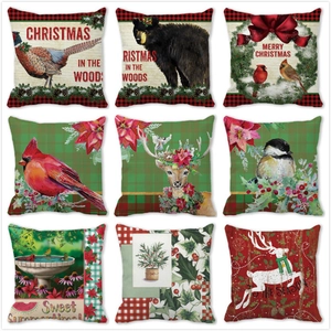 Fundas de Cojín Decorativas de Navidad Piel de Melocotón Estampado de Reno y Cuadros Geométricos Funda de Almohada Sofá Hogar