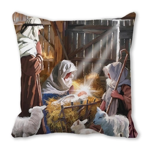 Macro detail of Nativity scene print on peach skin fabric square pillowcase