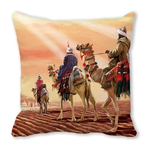Detailed close-up of exotic desert camel caravan oil painting print on square cushion cover