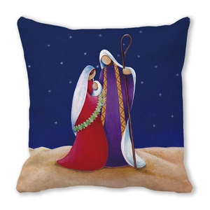 Close-up of Nativity scene cushion cover with abstract Holy Family portrait on blue background