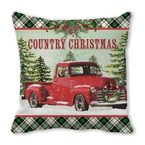 Detalle de la funda de cojín Country Christmas con camión rojo y perro Golden Retriever
