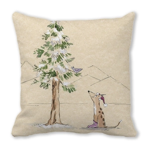 Winter greenery pillow cover with festive dog and pine tree illustration on peach skin fabric