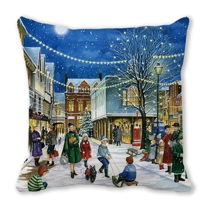 Winter street scene Christmas pillow case with Victorian snowy town and tea shop print