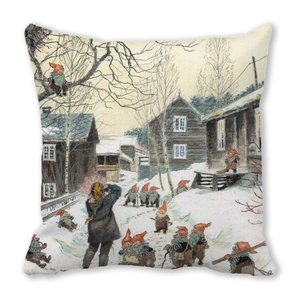 Winter town Christmas pillow cover featuring Scandinavian gnomes and snowy cabin art