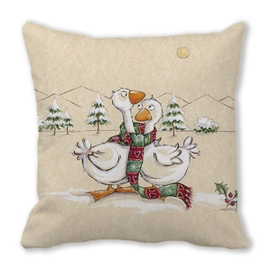 Detail of soft peach skin cushion cover featuring two geese in scarves illustration