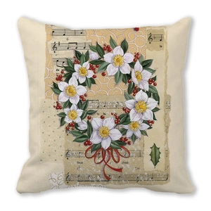 Square peach skin pillowcase featuring vintage floral wreath and musical score print
