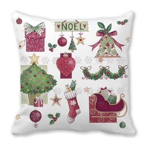 Close-up of Christmas throw pillow cover featuring festive holiday icons and Noel text