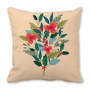 Detail view of peach skin fabric pillowcase featuring festive floral wreath print