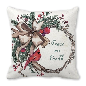 Macro detail of Peace on Earth print on watercolor bird and wreath throw pillow case