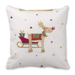 Detail of a square Christmas pillowcase with watercolor reindeer and red sleigh prints