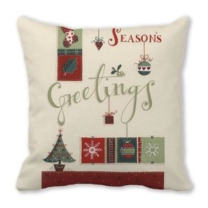 Detail of Christmas pillowcase with Season's Greetings print on soft peach skin fabric
