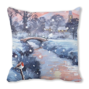 Details des Winterlandschaft-Ölgemäldes auf dem Weihnachts-Kissenbezug aus Pfirsichhaut