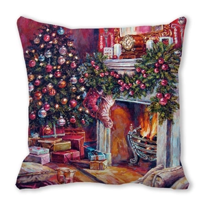 Detail eines weihnachtlichen Ölgemäldes mit Kamin und Baum auf quadratischem Kissen