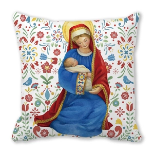 Détail de la taie de Noël avec art Vierge à l'Enfant sur tissu peau de pêche