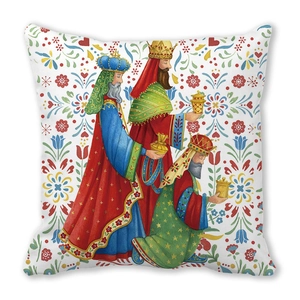 Détail de la housse de coussin avec illustration colorée des Rois Mages en art folk