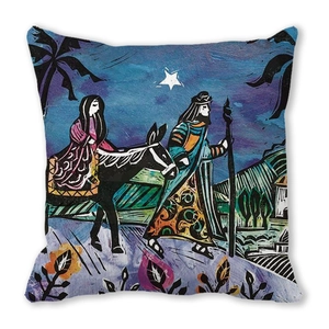 Housse de coussin style gravure sur bois avec scène religieuse sur tissu peau de pêche