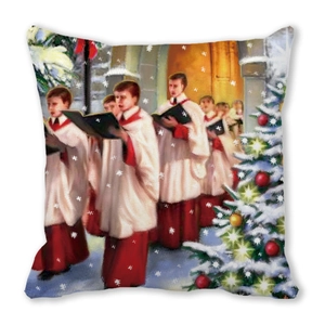 Détail de la taie d'oreiller de Noël avec scène de chorale vintage et sapins enneigés
