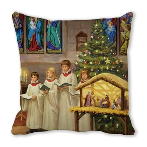 Housse de coussin de Noël carrée avec scène de nativité vintage et chorale d'enfants