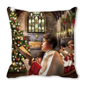 Vue détaillée d'une taie d'oreiller de Noël avec une scène de chorale et sapin